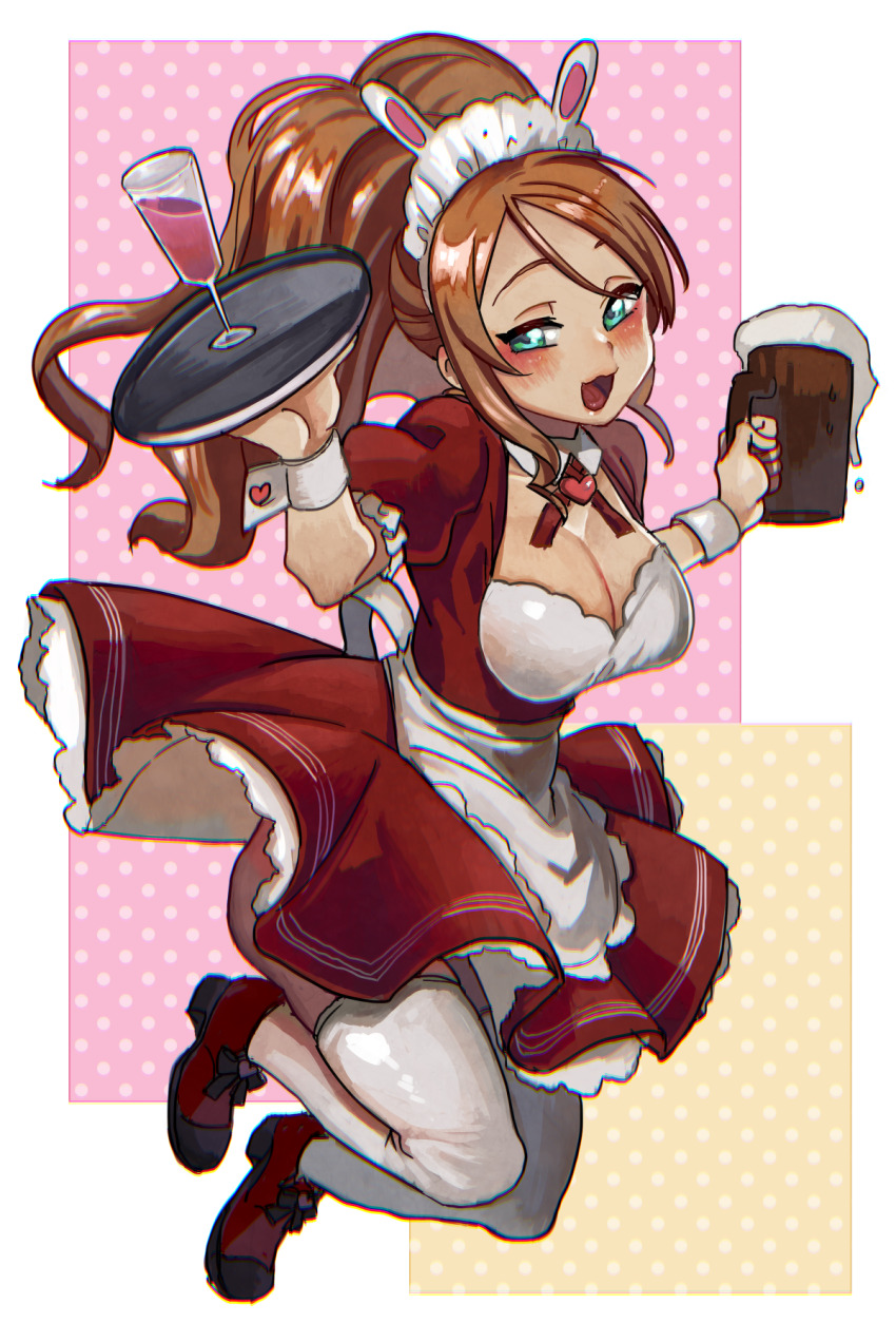 1girl animal_ears apron aqua_eyes barmaid blush border breasts chromatic_aberration cleavage commentary_request dragon_quest dragon_quest_builders_2 dress drink fake_animal_ears floating_clothes high_ponytail highres holding holding_drink holding_tray large_breasts legs_up looking_at_viewer maid_apron maid_headdress open_mouth orange_hair pero_(dqb2) ponytail puffy_short_sleeves puffy_sleeves rabbit_ears red_dress short_sleeves shousan_(hno3syo) solo thighhighs tray white_border white_thighhighs wrist_cuffs