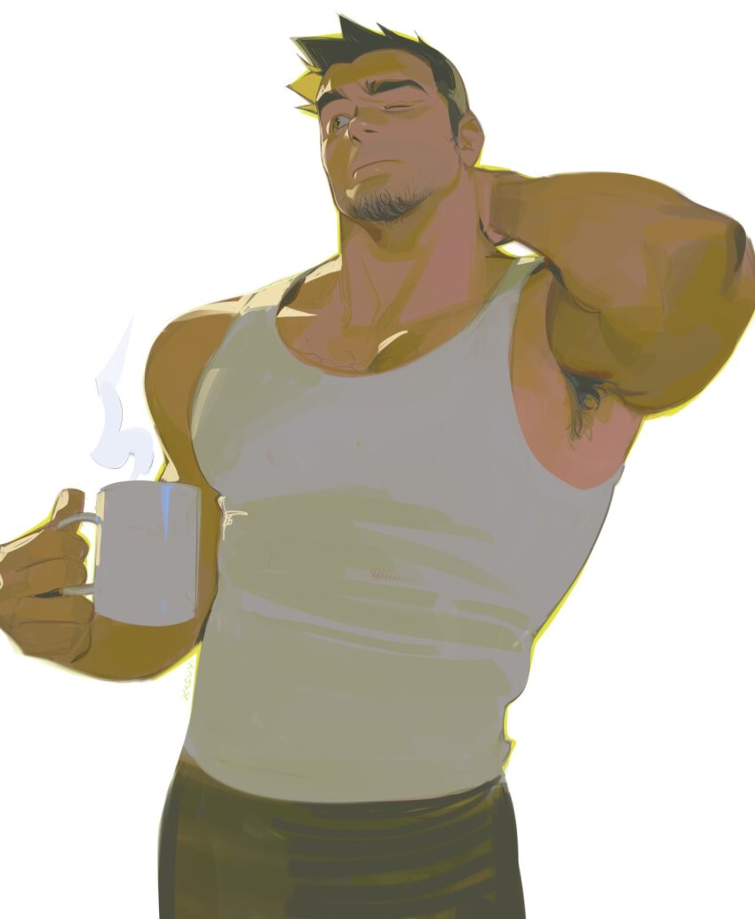 1boy ace_attorney armpit_hair armpits bara beard black_eyes black_hair cup dick_gumshoe facial_hair highres male_focus mr_kasuy muscular muscular_male pants short_hair steam tank_top white_background white_tank_top
