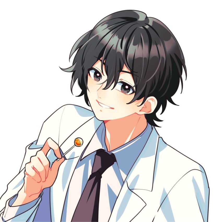 1boy akechi_saku black_eyes black_hair black_necktie candy collared_shirt commentary_request food hair_between_eyes highres holding holding_candy holding_food holding_lollipop kokuhaku_jikkou_iinkai lab_coat lapels lollipop long_sleeves looking_at_viewer necktie notched_lapels open_clothes open_mouth shirt short_hair simple_background smile solo sophia_pie_12 upper_body white_background white_shirt