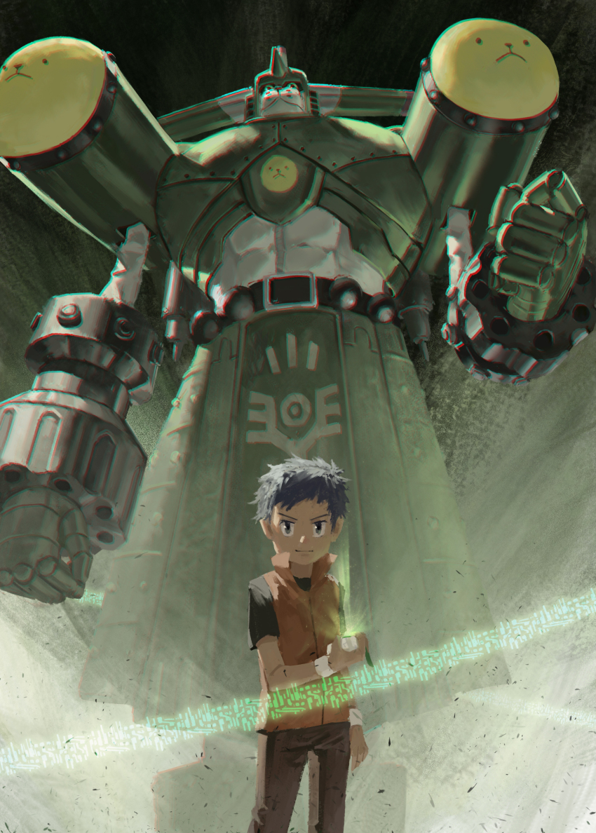 1boy absurdres armor belt blue_eyes blue_hair brown_pants child clenched_hand commentary digimon digimon_(creature) digimon_tamers digivice english_commentary green_armor highres holding horns lee_jianliang light_smile looking_at_viewer male_focus mayozom mecha pants robot saintgalgomon short_hair single_horn size_difference standing