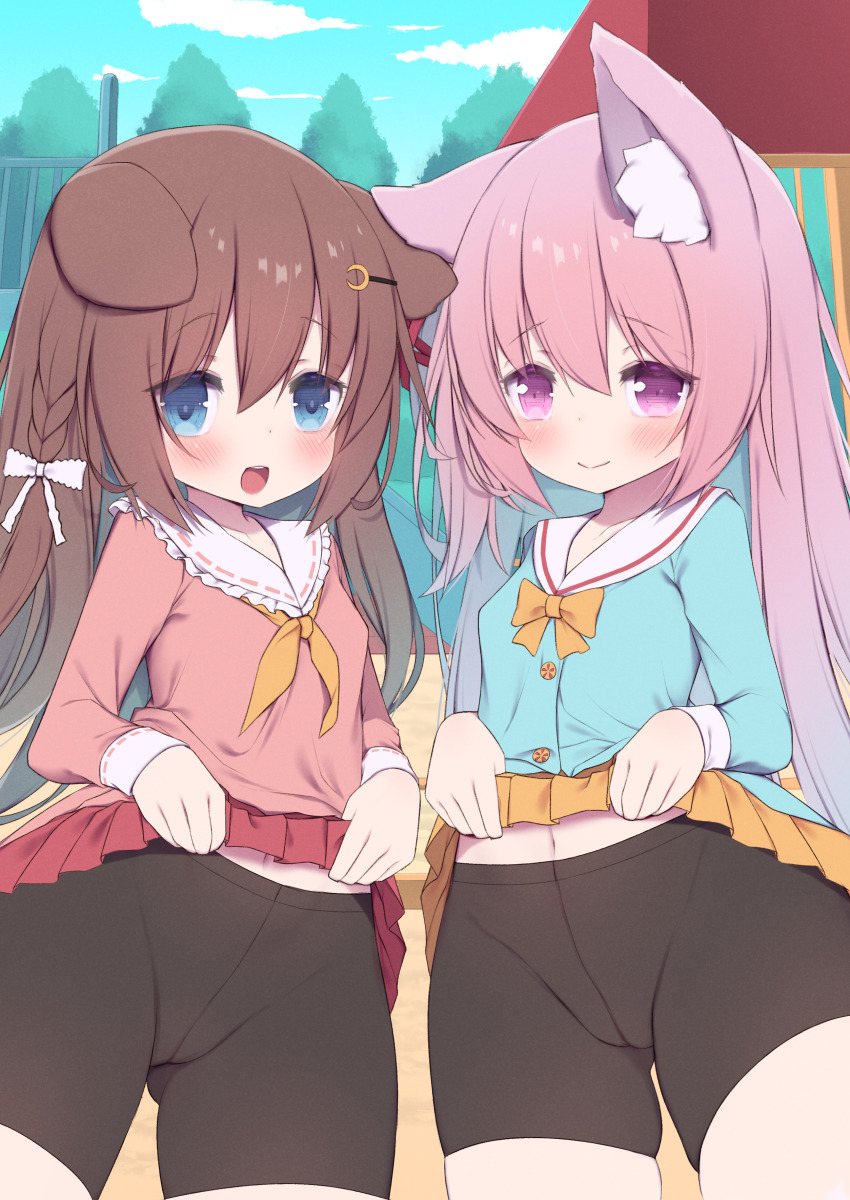 2girls absurdres animal_ear_fluff animal_ears arashiya azur_lane bike_shorts bike_shorts_under_skirt black_shorts blue_eyes blue_shirt blush braid brown_hair cat_ears cat_girl clothes_lift cloud commission commissioner_upload dog_ears dog_girl ear-to-ear female_focus flashing fumizuki_(azur_lane) gluteal_fold groin hair_ornament hairclip highres kisaragi_(azur_lane) lifting_own_clothes loli long_hair looking_at_viewer multiple_girls navel open_mouth outdoors pink_eyes pink_hair pink_shirt pink_skirt pleated_skirt ribbon school_uniform serafuku shirt shorts shorts_under_skirt skeb_commission skirt skirt_lift sky smile standing thighs yellow_skirt