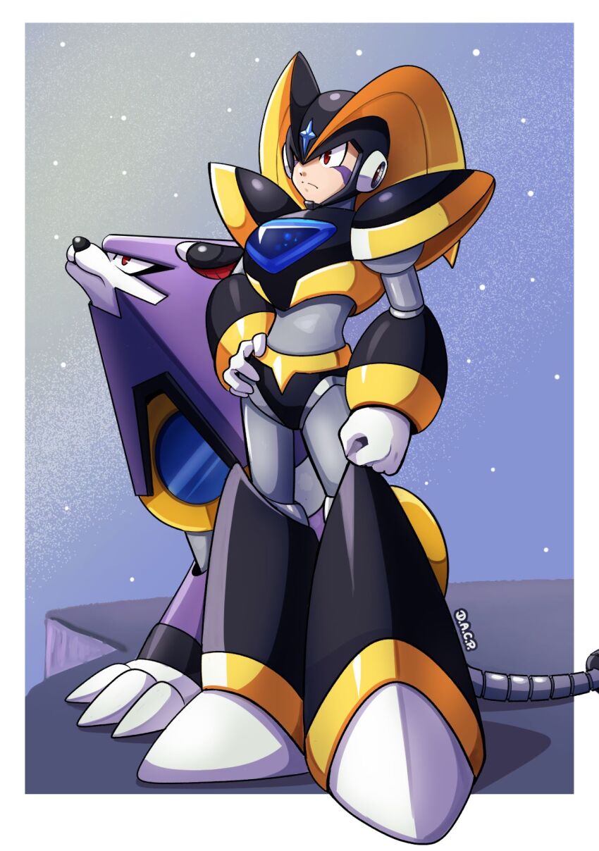 1boy android armor artist_name bass_(mega_man) bass_day black_armor black_footwear black_helmet boots chest_jewel deniacp dog facial_mark fins forehead_jewel full_body hand_on_own_hip head_fins helmet highres male_focus mega_man_(classic) mega_man_(series) non-humanoid_robot red_eyes robot robot_animal robot_dog shoulder_armor standing treble_(mega_man) upper_body watermark