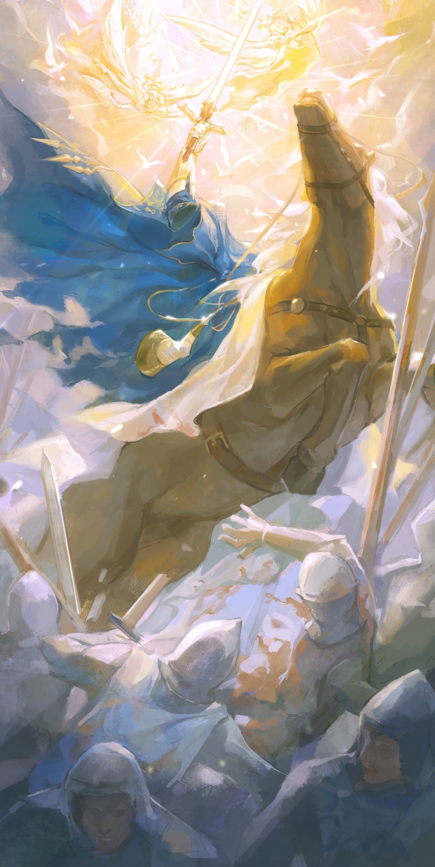 2girls 6+boys a_knight_(reverse:1999) absurdres ah_yun angel arm_up armor blue_cape cape cloud from_below gauntlets glowing glowing_weapon helmet highres holding holding_sword holding_weapon horn_(instrument) horse invisible jumping knight medieval multiple_boys multiple_girls ornate_armor polearm reverse:1999 soldier solo_focus sword war weapon