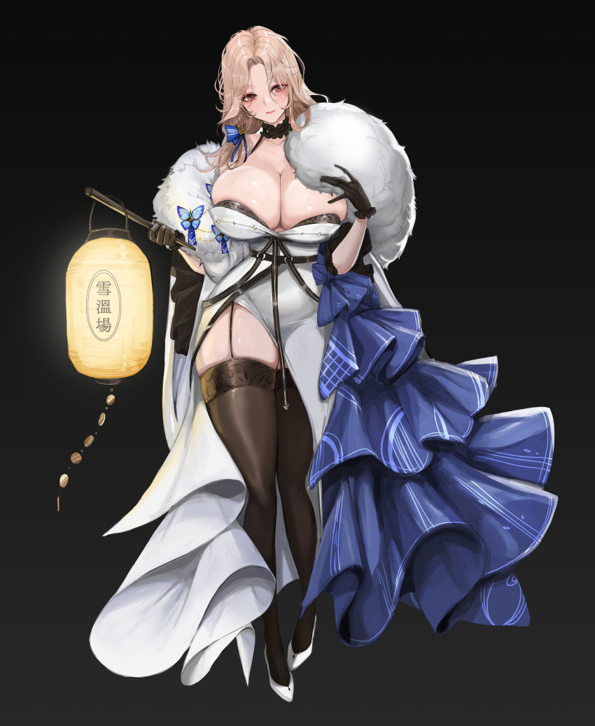 1girl absurdres bare_shoulders black_gloves black_kimono black_thighhighs blonde_hair blue_ribbon blush breasts cleavage coat collarbone full_body fur-trimmed_coat fur-trimmed_kimono fur_trim gloves goddess_of_victory:_nikke goo_bbue hair_ribbon highres holding huge_breasts japanese_clothes kimono lantern long_hair looking_at_viewer ludmilla_(nikke) ludmilla_(winter_owner)_(nikke) official_alternate_costume orange_eyes paper_lantern parted_bangs ribbon smile solo thighhighs two-tone_kimono white_kimono