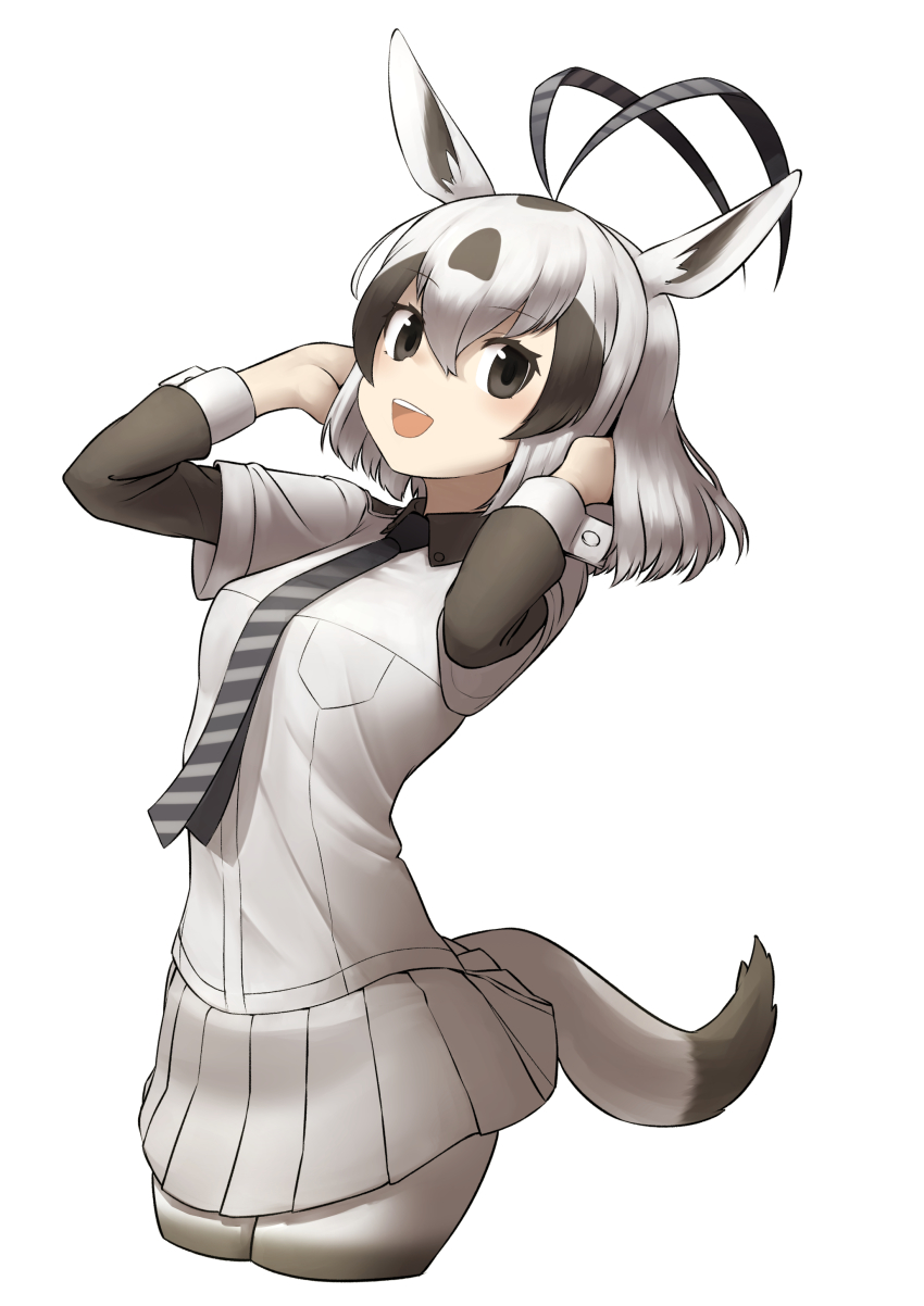 1girl absurdres animal_ears arabian_oryx_(kemono_friends) black_necktie blouse blush brown_eyes brown_hair brown_shirt collared_shirt commentary cowboy_shot gazelle_ears gazelle_horns gazelle_tail hands_in_own_hair highres kemono_friends long_sleeves multicolored_hair necktie okome_kogashi open_mouth pantyhose pleated_skirt shirt short_hair short_sleeves sidelocks skirt smile solo striped_necktie two-tone_hair two-tone_necktie white_hair white_necktie white_pantyhose white_shirt white_skirt