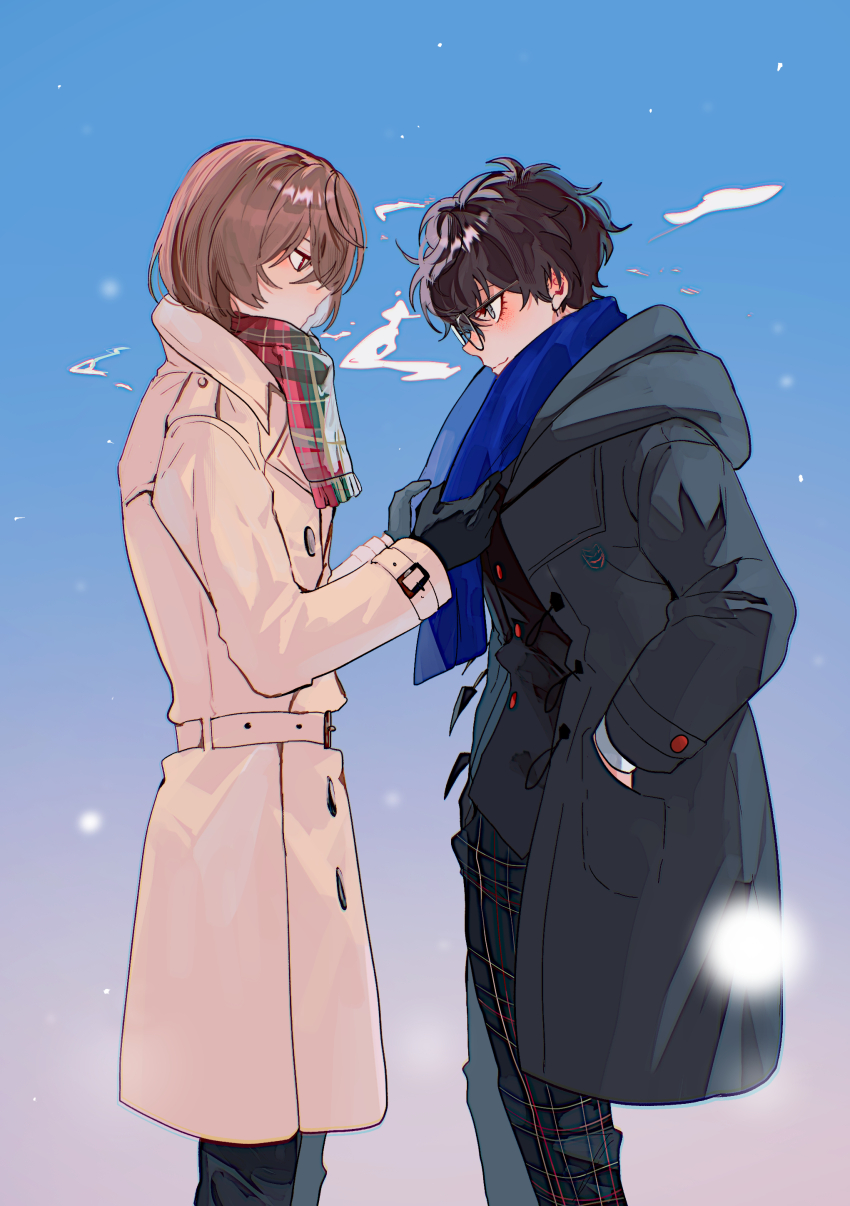 2boys absurdres akechi_gorou amamiya_ren black_coat black_hair black_pants blue_scarf brown_hair buttons closed_mouth coat cowboy_shot fsmaichobpeg0 glasses hands_in_pockets highres looking_at_another male_focus multiple_boys pants persona persona_5 profile scarf short_hair smile snow winter_clothes yellow_coat