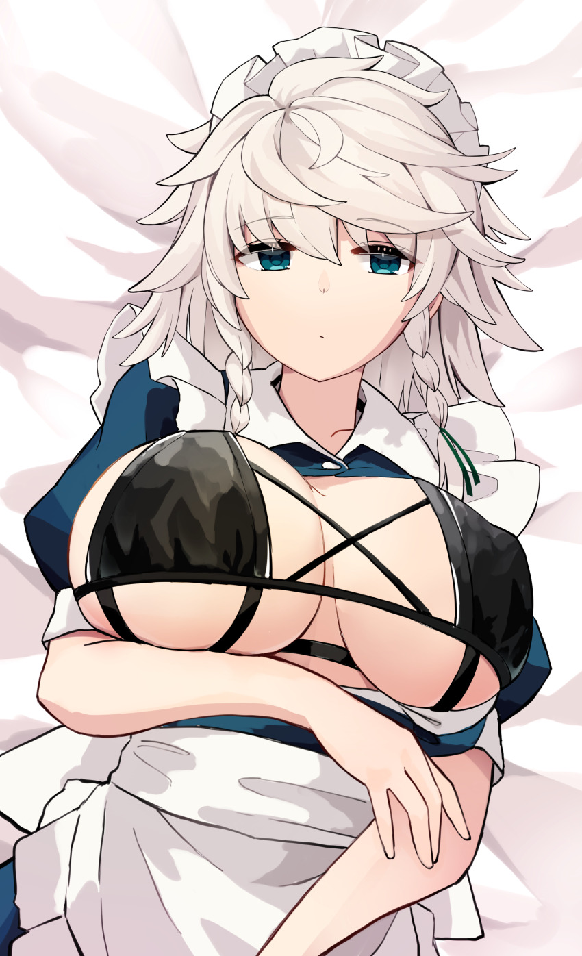 1girl absurdres apron arm_under_breasts bikini black_bikini braided_sidelock breasts breasts_out closed_mouth expressionless frilled_apron frills highres hira-san izayoi_sakuya large_breasts looking_at_viewer lying maid maid_apron maid_headdress medium_hair on_back puffy_short_sleeves puffy_sleeves short_sleeves solo swimsuit touhou waist_apron white_apron white_headdress
