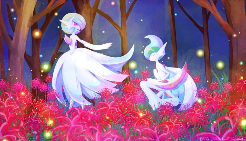 arm_blade bad_id bad_twitter_id bob_cut cape closed_eyes dress flower from_side gallade gardevoir gen_3_pokemon gen_4_pokemon green_hair kneeling mega_gallade mega_gardevoir mega_pokemon nintendo pkmn_muchiko pokemon pokemon_(creature) red_flower spider_lily tree weapon white_cape white_dress