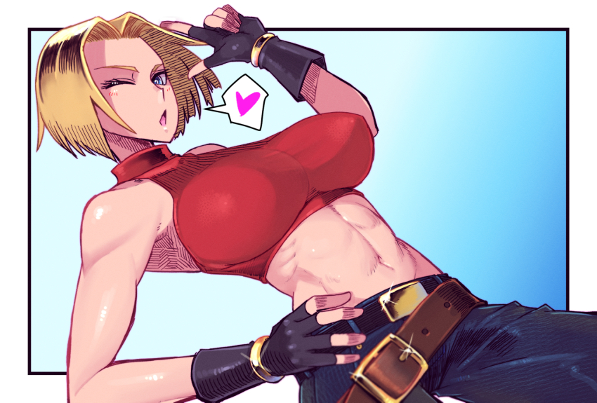 1girl :o abs bare_shoulders belt belt_buckle blonde_hair blowing_kiss blue_eyes blue_mary breasts buckle covered_erect_nipples crop_top diffraction_spikes dutch_angle finger_gun fingerless_gloves forehead from_below glint gloves gold hair_intakes hand_on_own_hip heart large_breasts looking_at_viewer loose_belt medium_hair midriff misonou_hirokichi muscular muscular_female navel ok_sign one_eye_closed open_mouth outside_border parted_hair puckered_lips shirt simple_background sleeveless_turtleneck_crop_top speech_bubble spoken_heart straight_hair taut_clothes taut_shirt the_king_of_fighters turtleneck_crop_top wink