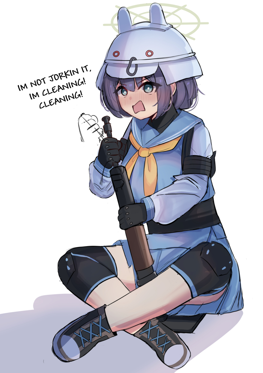 1girl absurdres animal_ear_headwear animal_ears aqua_eyes black_boots blue_archive blue_sailor_collar blue_shirt blue_skirt blush boots cleaning cleaning_weapon combat_helmet commentary embarrassed english_commentary english_text fake_animal_ears halo hat helmet highres holding holding_weapon indian_style iog626 knee_pads long_sleeves looking_at_viewer miniskirt mortar_(weapon) neckerchief open_mouth pleated_skirt purple_hair rabbit_ears sailor_collar saki_(blue_archive) school_uniform sexually_suggestive shirt simple_background sitting skirt solo weapon white_background white_hat yellow_neckerchief