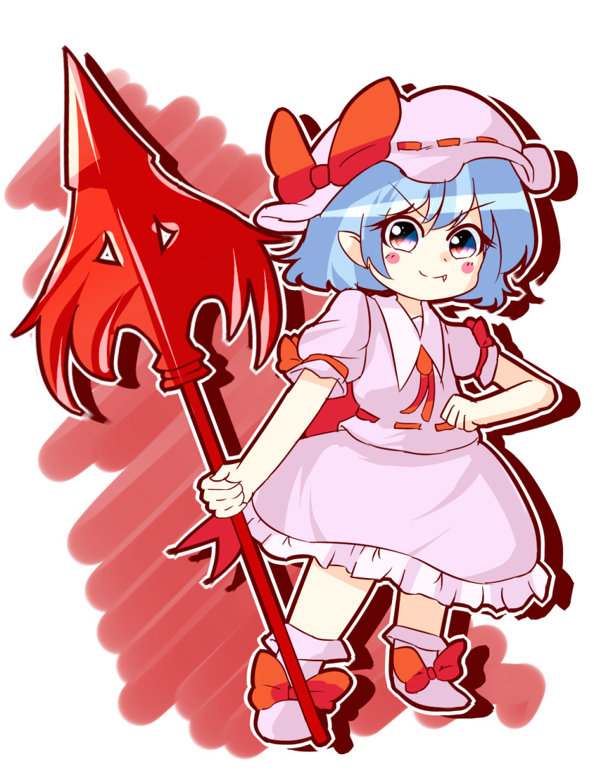 1girl blue_eyes blue_hair blush_stickers bow chibi closed_mouth collared_shirt fang fang_out frilled_skirt frills full_body hat hat_bow highres holding holding_polearm holding_weapon light_smile medium_hair mikadukimo mob_cap pink_hat pink_shirt pink_shoes pink_skirt polearm puffy_short_sleeves puffy_sleeves red_bow red_ribbon remilia_scarlet ribbon ribbon-trimmed_headwear ribbon-trimmed_shirt ribbon_trim shirt shoes short_sleeves simple_background skirt sleeve_ribbon solo spear_the_gungnir touhou v-shaped_eyebrows weapon white_background