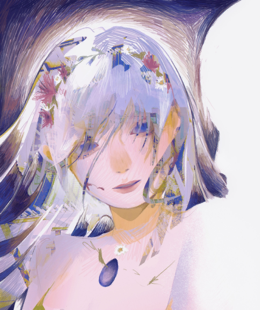 1girl blue_eyes city commentary english_commentary flower highres long_hair mikasamu multicolored_hair original parted_lips pink_flower solo white_flower
