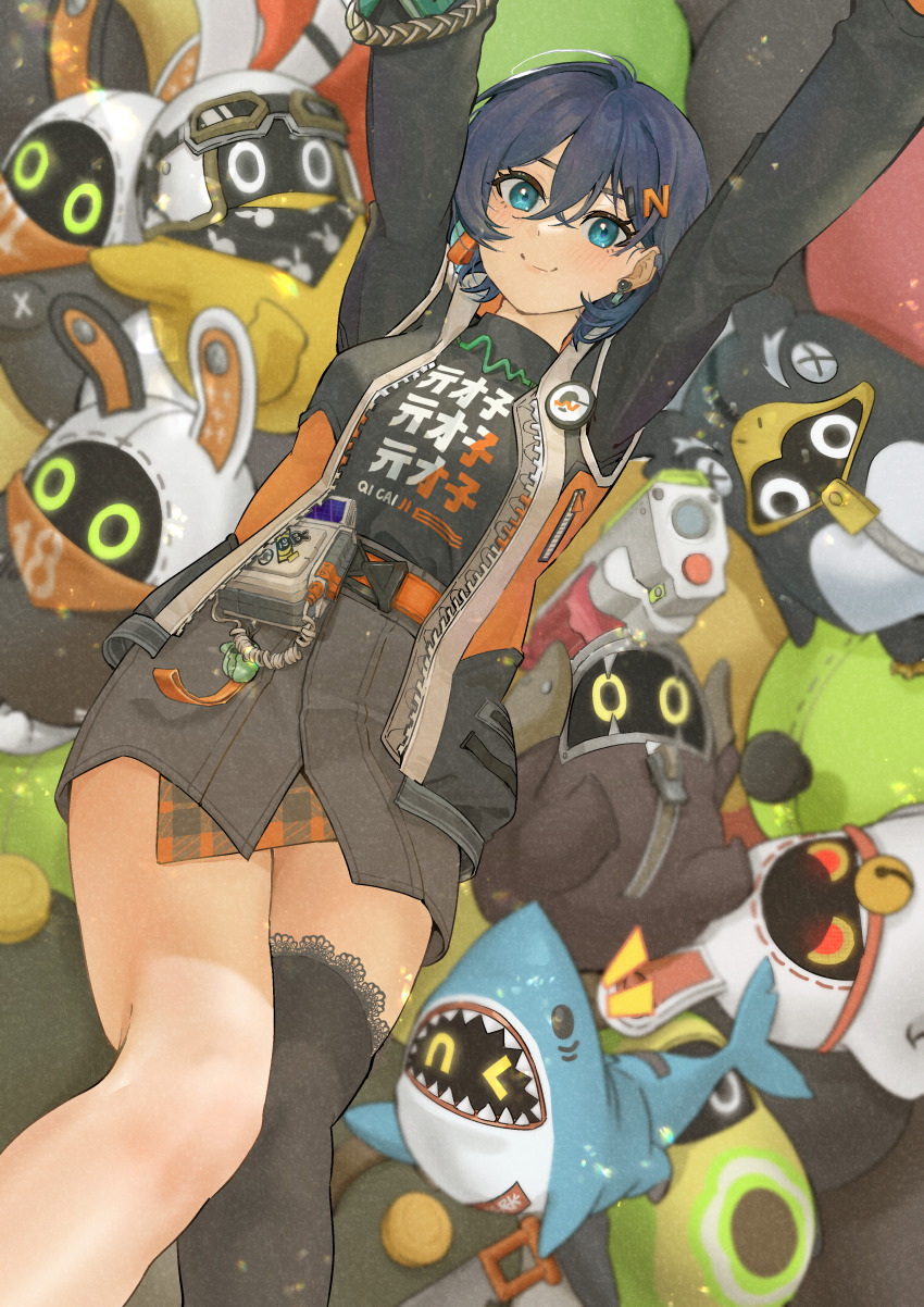 1girl absurdres arms_up avocaboo_(zenless_zone_zero) badge belle_(zenless_zone_zero) belt black_shirt black_thighhighs blue_eyes blue_hair blush button_badge closed_mouth duang_(user_tsag8258) earrings eous_(zenless_zone_zero) grey_skirt hair_between_eyes hair_ornament hands_up highres jewelry lace lace-trimmed_thighhighs lace_trim letter_hair_ornament luckyboo_(zenless_zone_zero) lying on_back orange_belt penguinboo_(zenless_zone_zero) sharkboo_(zenless_zone_zero) shirt single_thighhigh skirt sleeveless sleeveless_jacket smile solo thighhighs zenless_zone_zero