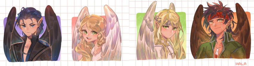 1girl 3boys :d absurdres artist_name bird_boy bird_girl black_coat black_wings blonde_hair blue_eyes blue_hair blush brown_eyes brown_hair brown_wings closed_mouth coat commentary ear_piercing earrings ears english_commentary feather_necklace feathers fire_emblem fire_emblem:_path_of_radiance fire_emblem:_radiant_dawn green_coat green_eyes grid_background halapokok headband highres jewelry leanne_(fire_emblem) long_hair medium_hair multiple_boys naesala_(fire_emblem) necklace nintendo open_mouth photoshop_(medium) piercing pointy_ears red_headband reyson_(fire_emblem) robe scar scar_on_face serious simple_background smile teeth third-party_edit tibarn_(fire_emblem) upper_teeth_only very_long_hair white_background white_coat white_robe white_wings wings yellow_eyes