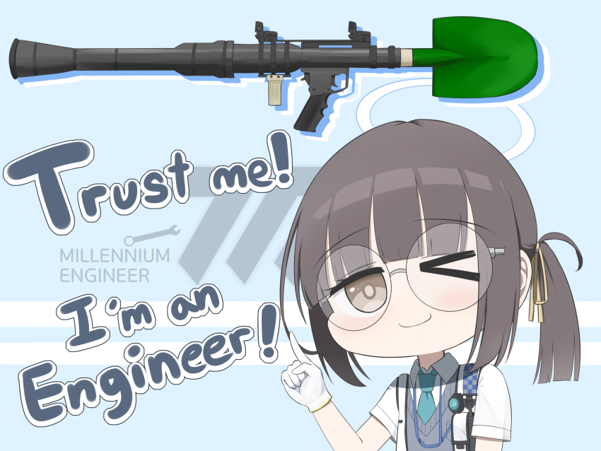 1girl black_hair blue_archive blue_sweater_vest blunt_bangs brown_eyes english_text glasses gloves highres millennium_science_school_student_(blue_archive) millennium_science_school_student_a_(blue_archive) one_eye_closed ponytail rocket_launcher round_eyewear rpg_(weapon) shirt short_hair shovel smile solo sweater_vest tonguei weapon white_gloves white_shirt wrench