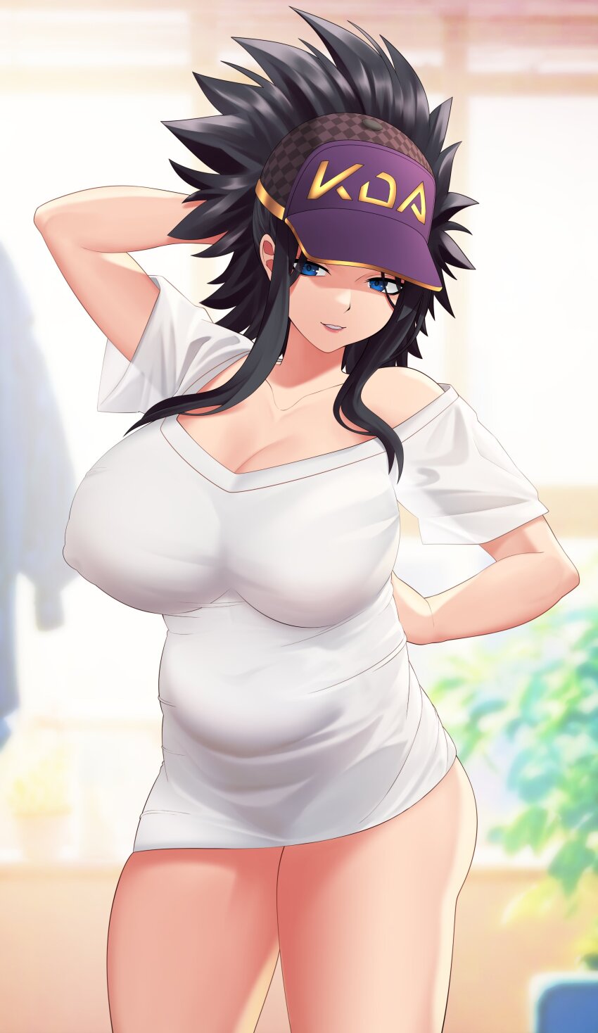 absurdres akali baseball_cap belly black_hair blue_eyes breasts hat highres k/da_(league_of_legends) k/da_akali large_breasts league_of_legends meme pajamas_challenge_(meme) plump ponytail samsam_s2s see-through_clothes see-through_shirt shirt sidelocks t-shirt thighs white_shirt