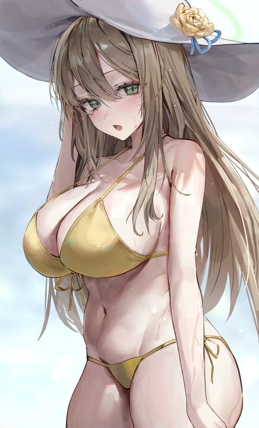 1girl :o absurdres bikini blonde_hair blue_archive blush breasts curvy front-tie_bikini_top front-tie_top green_eyes halo halterneck hat highres huge_breasts kabi_(zcwd8845) long_hair looking_at_viewer navel nonomi_(blue_archive) nonomi_(swimsuit)_(blue_archive) official_alternate_costume outdoors side-tie_bikini_bottom solo stomach straight_hair string_bikini sun_hat swimsuit very_long_hair white_hat yellow_bikini