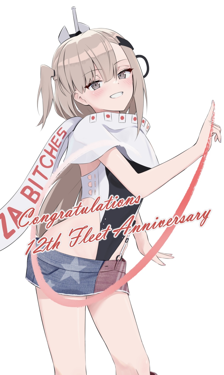 1girl absurdres american_flag american_flag_print american_flag_skirt black_one-piece_swimsuit commentary_request denim denim_skirt english_text flag_print grey_eyes grey_hair grin hair_ornament headgear highleg highleg_one-piece_swimsuit highres japanese_flag kantai_collection kill_markings l_meet long_hair looking_at_viewer one-piece_swimsuit print_skirt scarf simple_background skirt smile solo super_highleg swimsuit two-tone_one-piece_swimsuit wahoo_(kancolle) white_background white_scarf
