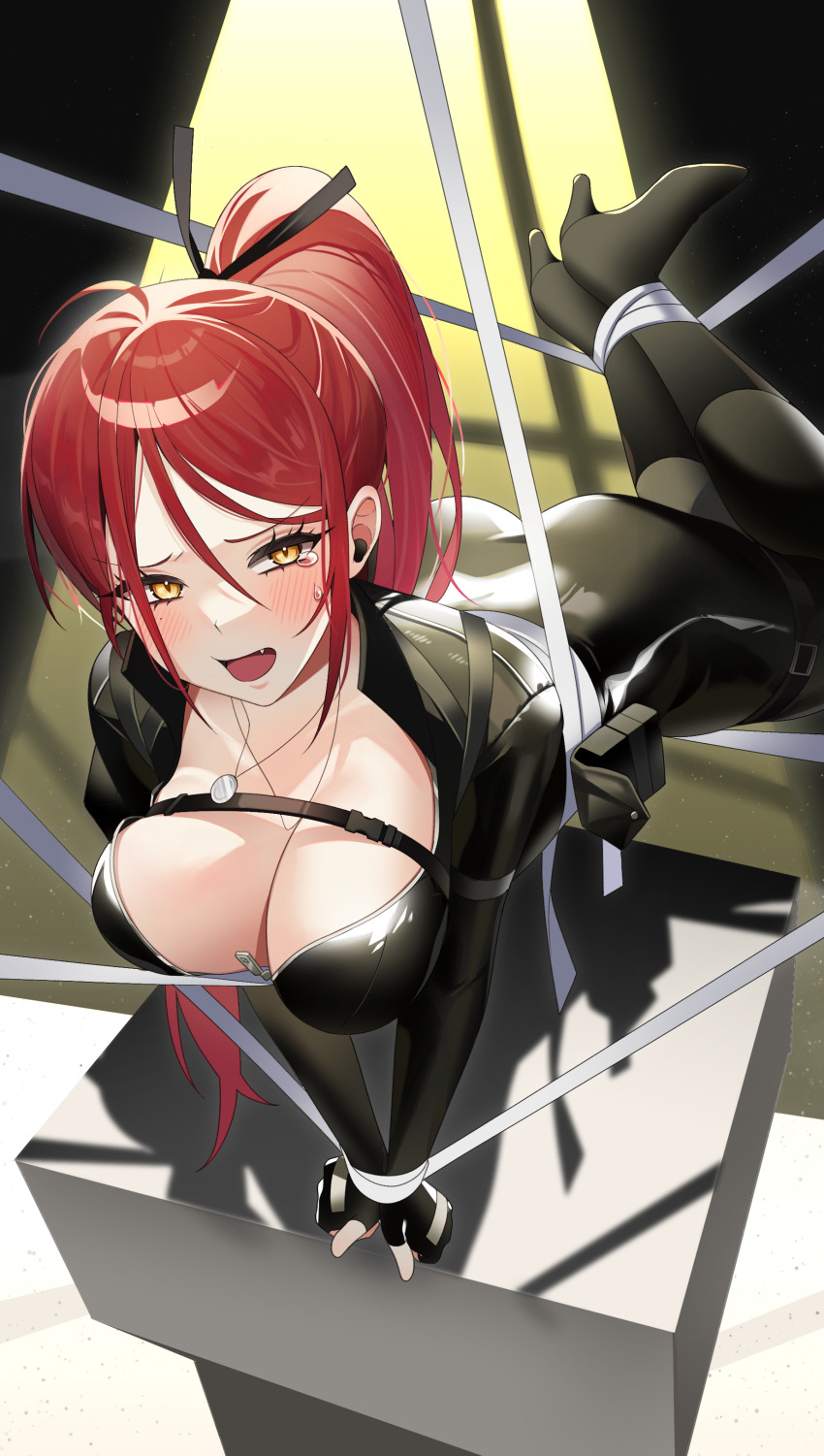 1girl absurdres ahoge black_bodysuit black_gloves blush bodysuit breasts chest_strap daebol eyelashes fang fingerless_gloves gloves hair_between_eyes high_heels highres jewelry large_breasts long_hair mole mole_under_eye necklace open_mouth original ponytail red_hair restrained shadow solo spy tears yellow_eyes zipper zipper_pull_tab
