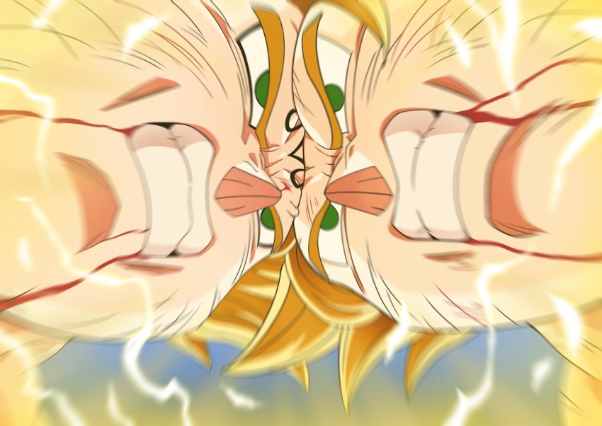 2boys black_eyeliner blonde_hair blood blood_from_mouth blurry clenched_teeth commentary dragon_ball dragonball_z electricity eyeliner facial_mark forehead-to-forehead forehead_mark green_eyes heads_together hosun majin_vegeta makeup male_focus multiple_boys serious son_goku super_saiyan super_saiyan_2 teeth vegeta