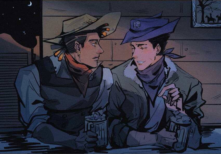 2boys alcohol alternate_universe bandana bandana_around_neck beer black_hair black_vest blue_bandana blue_hat brown_hat chinese_commentary closed_eyes commentary_request cowboy cowboy_hat crescent_moon cup dark-skinned_male dark_skin dreadlocks fur-trimmed_collar fur_trim grey_jacket grin hat highres holding holding_cup jacket male_focus moon multiple_boys night night_sky phoenix_(valorant) picture_frame red_bandana ro42690 shirt short_hair side-by-side sideburns sitting sky sleeves_rolled_up smile star_(sky) teeth valorant vest western white_shirt yellow_eyes yoru_(valorant)