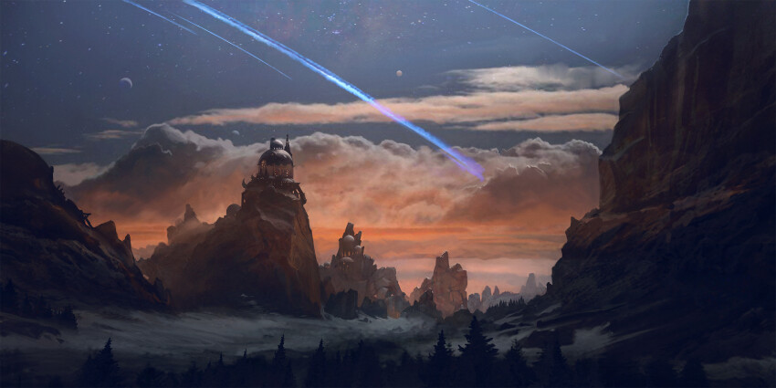 blue_sky building cloud crescent_moon exphrasis from_side full_moon highres landscape meteor_shower moon multiple_moons no_humans original outdoors painterly photoshop_(medium) pine_tree realistic rock scenery shooting_star sky star_(sky) starry_sky sunset tree