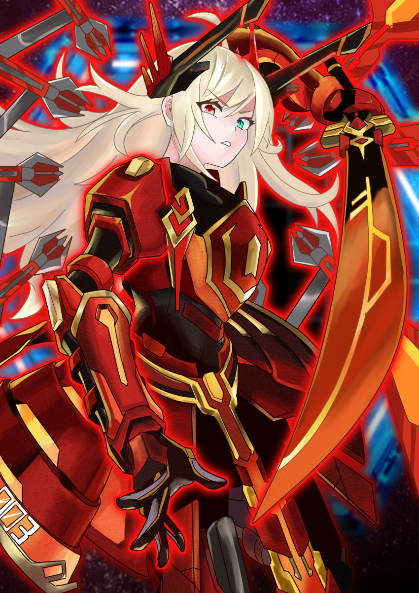 1girl absurdres armor blonde_hair blue_eyes duel_monster gloves heterochromia hexagram highres holding holding_sword holding_weapon horns japanese_armor looking_at_viewer mechanical_horns red_eyes sidelocks sky_striker_ace_-_kagari sky_striker_ace_-_raye solo sword weapon xzon_(chai_z) yu-gi-oh!