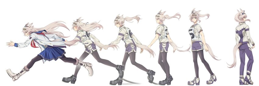 1girl angry animal_ears ankle_boots black_boots black_pantyhose blue_serafuku blue_skirt blush boots closed_mouth clothing_cutout facing_ahead floating_hair full_body grey_eyes grey_hair headband high_ponytail highres horse_ears horse_girl horse_tail invisible_floor jacket kasamatsu_tracen_training_uniform looking_to_the_side multicolored_jacket multiple_views neckerchief oguri_cap_(umamusume) pants pantyhose pleated_skirt ponytail purple_jacket purple_pants purple_shorts race_bib red_neckerchief running school_uniform serafuku shaded_face shirt shorts sidelocks simple_background skirt smile tail tail_through_clothes track_suit turnaround two-tone_jacket umamusume white_background white_boots white_jacket white_shirt yangmal_(uma_red_sheep)