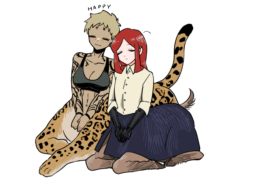 2girls amputee arm_tattoo blonde_hair centauroid closed_eyes commentary_request double_amputee freckles full_body goat_girl highres hikagami_(june_lotus) jaguar_girl leaning_on_person looking_at_viewer monster_girl multiple_girls original prosthesis prosthetic_arm red_hair shirt short_hair simple_background sitting skirt sports_bra tan tattoo taur very_short_hair white_background