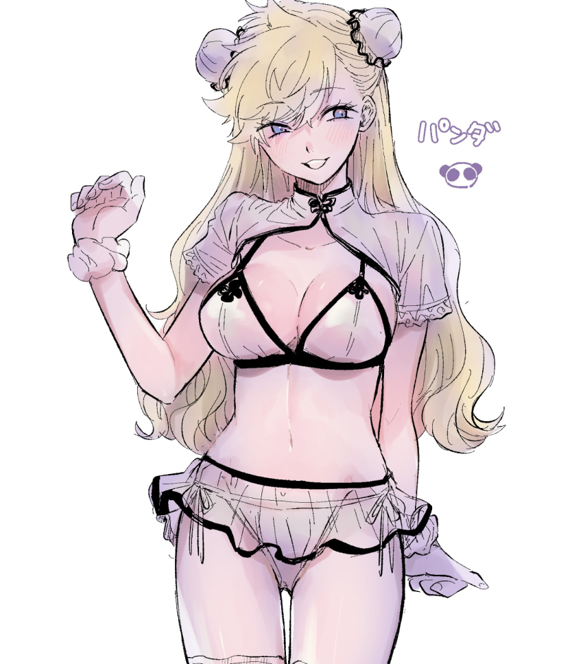 1girl blonde_hair blue_eyes blush bra breasts bun_cover cleavage cowboy_shot double_bun genderswap genderswap_(mtf) hair_bun hand_up highres inukai_sumiharu kuzumiya_yuyu large_breasts long_hair looking_at_viewer microskirt panda panties scrunchie see-through_clothes short_sleeves shrug_(clothing) side-tie_panties simple_background skirt smile solo underwear unfinished white_background white_bra white_panties world_trigger wrist_scrunchie