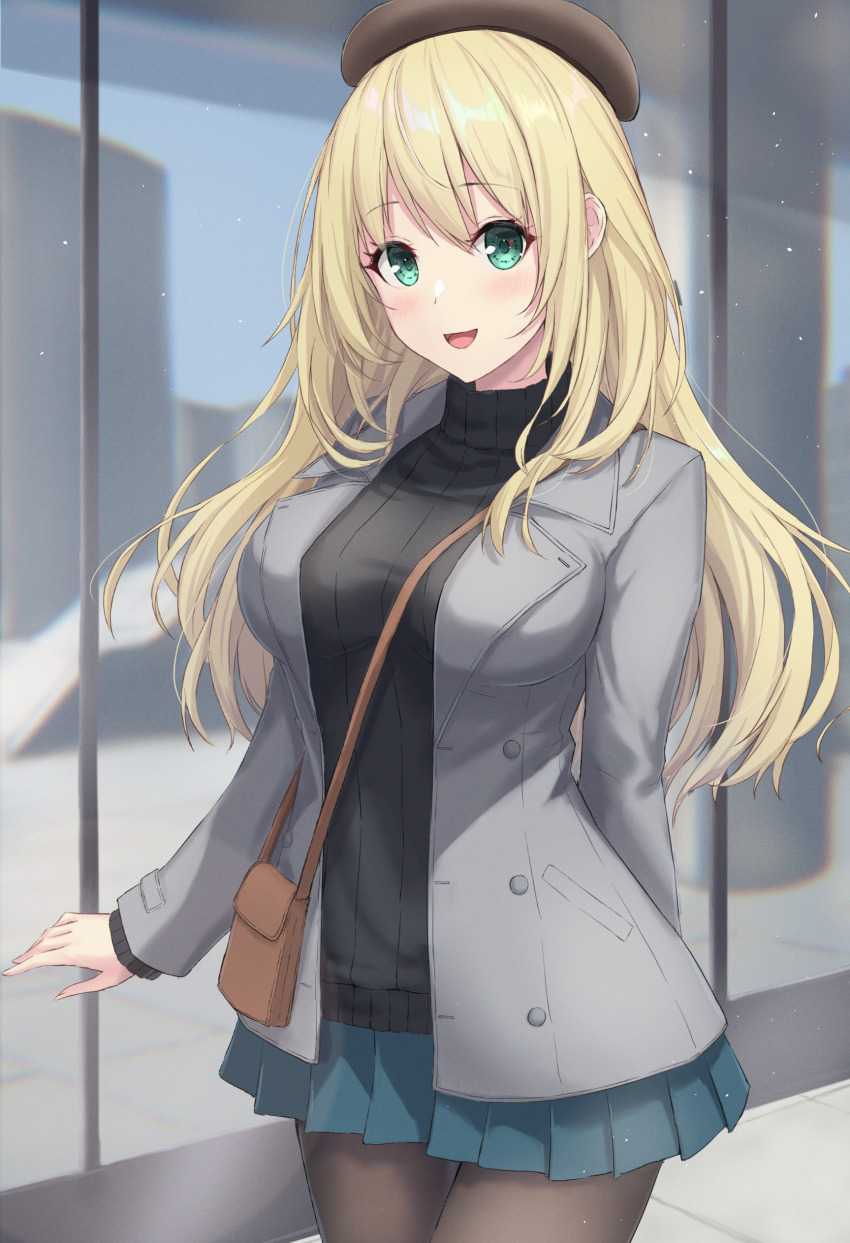 1girl absurdres alternate_costume atago_(kancolle) bag beret black_pantyhose black_sweater blonde_hair blush breasts brown_hat coat commission cowboy_shot fingernails green_eyes green_skirt grey_coat hat highres kantai_collection large_breasts long_hair long_sleeves looking_at_viewer monoku open_clothes open_coat open_mouth pantyhose pleated_skirt ribbed_sweater shoulder_bag skeb_commission skirt smile solo sweater turtleneck turtleneck_sweater