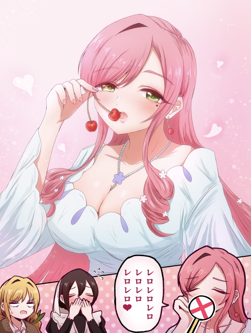 3girls absurdres breasts cherry cleavage closed_eyes collar earrings eating female_focus flower food fruit green_eyes hair_flower hair_ornament hanazono_hahari hands_on_own_face highres inda_karane jewelry kimi_no_koto_ga_dai_dai_dai_dai_daisuki_na_100-nin_no_kanojo kusanochika large_breasts long_hair looking_at_another maid mature_female meido_mei mole mole_under_eye multiple_girls open_mouth orange_hair pink_hair sexually_suggestive speech_bubble