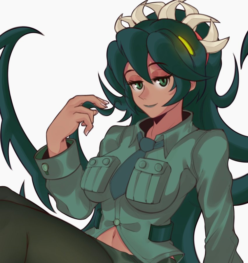 1girl dark-skinned_female dark_skin female_focus fujimna fukua_(skullgirls) green_eyes green_hair green_lips half-closed_eyes highres lipstick looking_at_viewer makeup navel necktie playing_with_own_hair school_uniform shamone_(skullgirls) sharp_teeth skullgirls smile solo teeth thighhighs white_background yellow_eyes