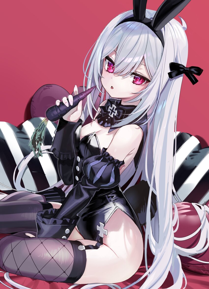 1girl :o absurdres animal_ears asymmetrical_legwear black_hairband black_leotard black_ribbon black_thighhighs breasts carrot detached_collar detached_sleeves fake_tail food garter_straps hair_ribbon hairband highres holding holding_carrot holding_food leotard long_hair mearylis_(yamanasi_mikage) mismatched_legwear original pink_eyes playboy_bunny rabbit_ears rabbit_tail ribbon small_breasts solo tail thighhighs very_long_hair white_hair yamanasi_mikage