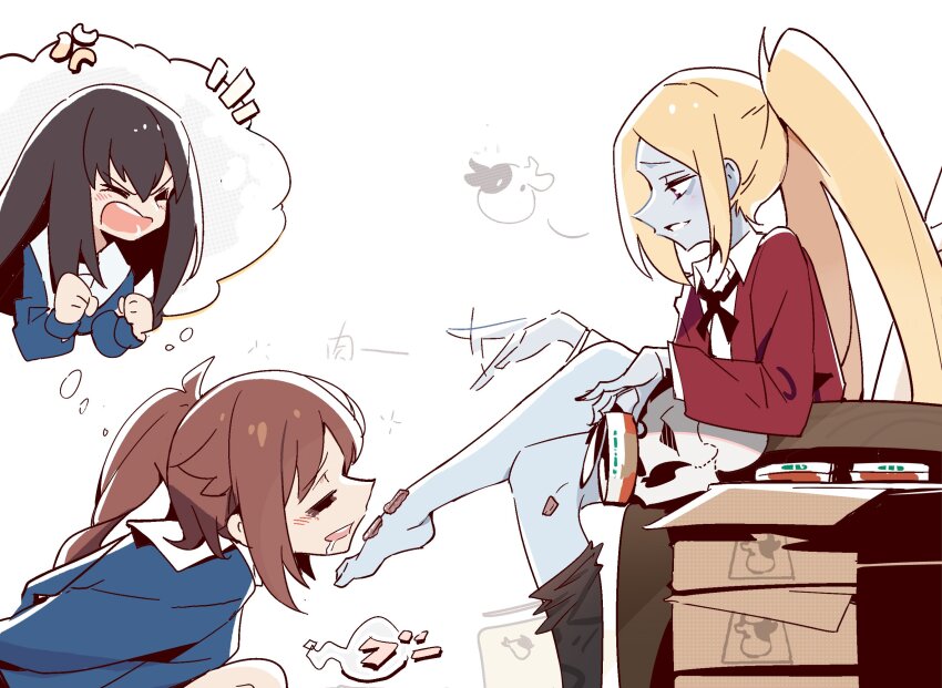 3girls :d =_= afterimage anger_vein barefoot beef black_hair black_thighhighs blazer blonde_hair blue_jacket blue_skin box brown_hair can canned_food cardboard_box chikura_shizuru clenched_hands collared_shirt colored_skin cow d: drooling feeding food food_on_foot from_side highres holding holding_can jacket kuroki_mito long_hair meat multiple_girls nakatomi_yoka open_mouth ponytail profile red_jacket saliva school_uniform serafuku shirt shuumatsu_train_doko_e_iku? single_bare_leg single_thighhigh sitting smile speech_bubble thighhighs thighhighs_pull thought_bubble twintails yuri zhanzhangzlw