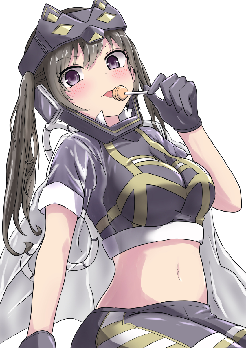 1girl absurdres black_hair breasts brown_eyes brown_hair candy cat_mask chupa_chups commentary duel_monster fake_tail food gloves gt_majoyan hair_between_eyes highres holding holding_food i:p_masquerena jacket large_breasts licking lollipop long_hair looking_at_viewer mask mechanical_tail midriff multicolored_pants multicolored_shirt navel open_clothes open_jacket pants purple_gloves purple_pants purple_shirt see-through_clothes see-through_jacket shirt short_sleeves sidelocks simple_background sitting solo tail tight_clothes tight_pants tongue tongue_out twintails white_background yu-gi-oh!