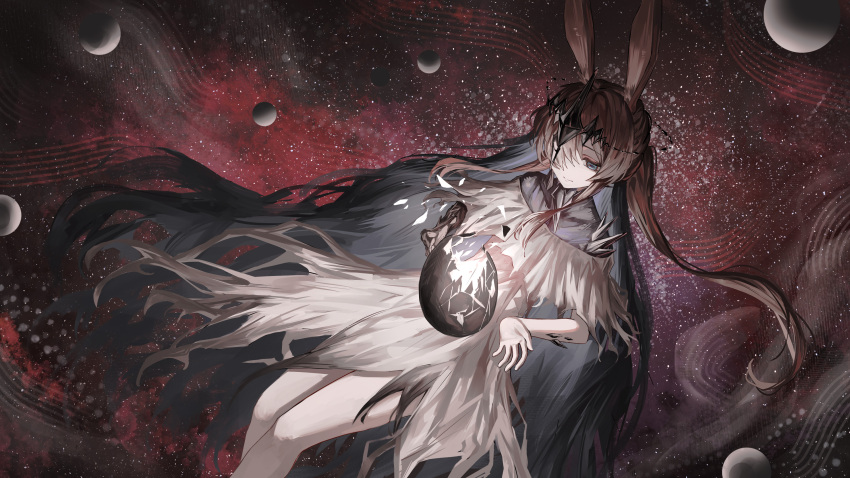 1girl absurdres amiya_(arknights) amiya_(demon_king)_(arknights) animal_ears arknights black_eyes black_hair brown_hair closed_mouth commentary dress egg feet_out_of_frame hair_over_one_eye highres long_hair magic material_growth multicolored_hair one_eye_covered oripathy_lesion_(arknights) puranetto_(vjun4748) sidelocks smile solo space star_(sky) surreal torn_clothes torn_dress two-tone_hair white_dress