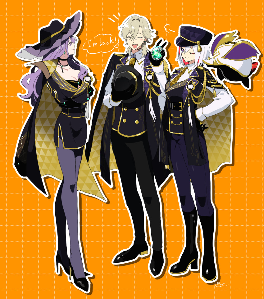 1boy 2girls aventurine_(honkai:_star_rail) aventurine_(stoneheart&#039;s_oath_ring)_(honkai:_star_rail) black_choker black_dress black_footwear black_gloves black_hat black_necktie black_vest blonde_hair blue_eyes blush breasts cape choker cleavage closed_eyes collared_shirt colored_inner_hair commentary_request crossed_arms dress drop_shadow earrings english_text full_body gem gloves gold_trim grey_pantyhose grid_background hand_on_own_hip hat high_heels highres holding holding_gem holding_unworn_clothes holding_unworn_hat honkai:_star_rail honkai_(series) jade_(honkai:_star_rail) jade_(stoneheart&#039;s_oath_ring)_(honkai:_star_rail) jewelry long_sleeves multicolored_hair multiple_girls necktie numby_(honkai:_star_rail) one_eye_closed orange_background outline pantyhose pirohi_(pirohi214) purple_hair red_hair shirt smile speech_bubble streaked_hair topaz_(honkai:_star_rail) topaz_(stoneheart&#039;s_oath_ring)_(honkai:_star_rail) trotter_(honkai:_star_rail) two-sided_cape two-sided_fabric unworn_hat unworn_headwear vest white_hair white_shirt yellow_cape yellow_necktie