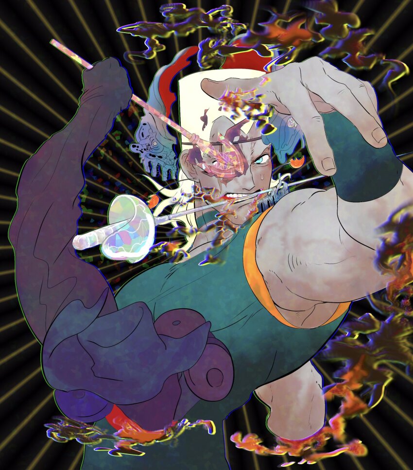 1boy arrow_(jojo) blue_eyes blue_tank_top chariot_requiem choker earrings emphasis_lines eyepatch flattop glaring highres jean_pierre_polnareff jewelry jojo_no_kimyou_na_bouken male_focus monpe_(sentakuchu) muscular muscular_male rapier scar scar_across_eye scar_on_face silver_chariot smoke solo stand_(jojo) sword tall_hair tank_top teeth vento_aureo weapon white_hair wristband