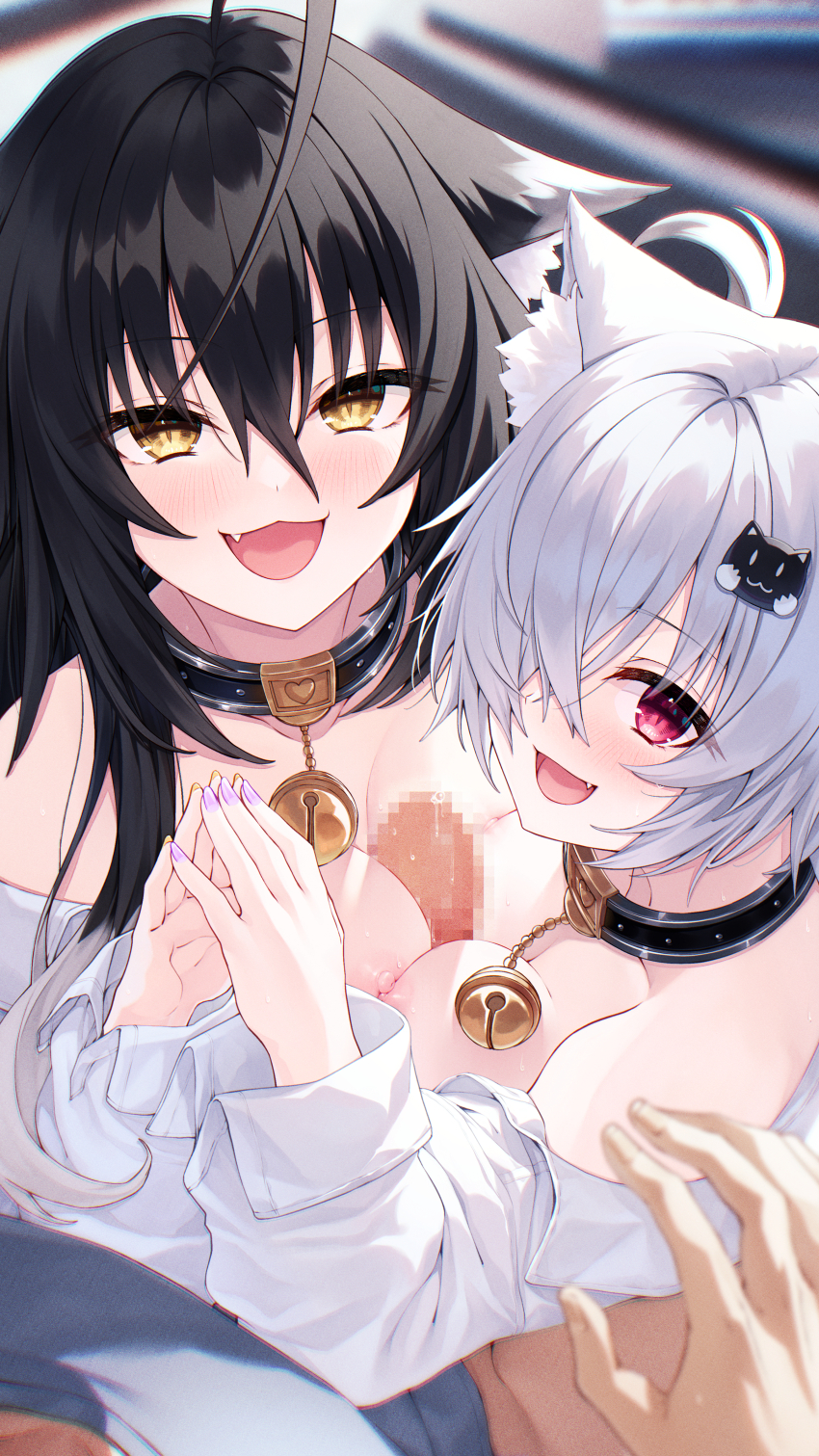 1boy 2girls :d absurdres ahoge bell black_collar black_hair breasts cat_hair_ornament collar cooperative_paizuri fang grey_hair hair_ornament hair_over_one_eye hasumi_(hasubatake39) highres jingle_bell kuon_(hasumi_(hasubatake39)) large_breasts long_hair multiple_girls naked_shirt neck_bell nipples open_mouth original paizuri pov red_eyes setsuna_(hasumi_(hasubatake39)) shirt short_hair smile teamwork_(sexual) yellow_eyes
