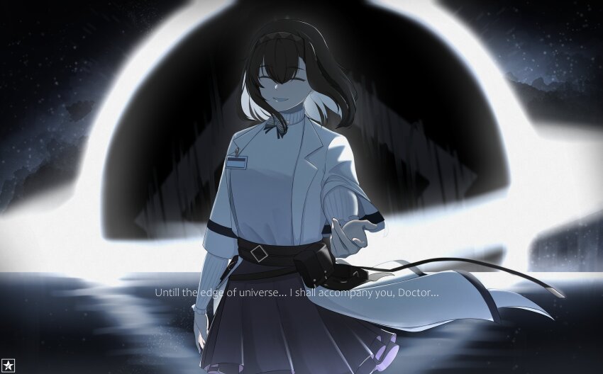 1girl :d ^_^ absurdres arknights arm_at_side backlighting black_hair black_hairband black_skirt black_sun bow bowtie closed_eyes cowboy_shot facing_viewer grey_bow grey_bowtie grin hair_between_eyes hairband highres krovi_1708 light_particles long_sleeves medium_hair open_mouth outstretched_arm outstretched_hand pouch priestess_(arknights) reaching reaching_towards_viewer skirt smile solo standing star_(symbol) sun sweater traditional_bowtie turtleneck turtleneck_sweater white_sweater wind