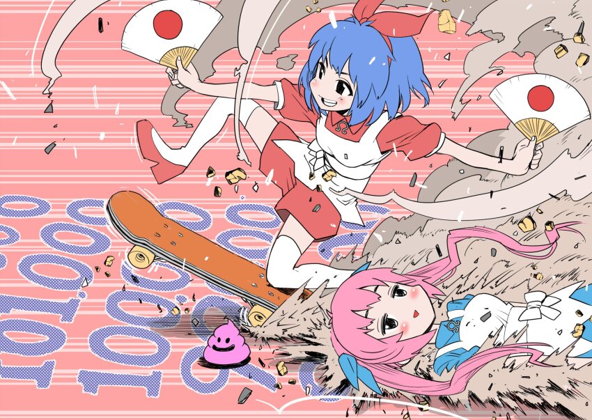 2girls apron black_eyes blue_hair blue_ribbon collared_shirt commentary_request dual_wielding dust_cloud emoji foot_up grin hair_ribbon hairband hand_fan high_heels highres holding holding_fan japanese_flag long_hair looking_ahead looking_up lying motion_lines multiple_girls omega_ray omega_rio omega_sisters omega_symbol on_back on_one_knee open_mouth outstretched_arms pebble pink_hair poop_emoji puffy_short_sleeves puffy_sleeves red_background red_footwear red_hairband red_ribbon red_shirt red_shorts ribbon shirt short_hair short_sleeves shorts skateboard skateboarding sliding smile speed_lines spread_arms tamo_(gaikogaigaiko) thighhighs triangle_mouth twintails v-shaped_eyebrows virtual_youtuber white_apron white_thighhighs