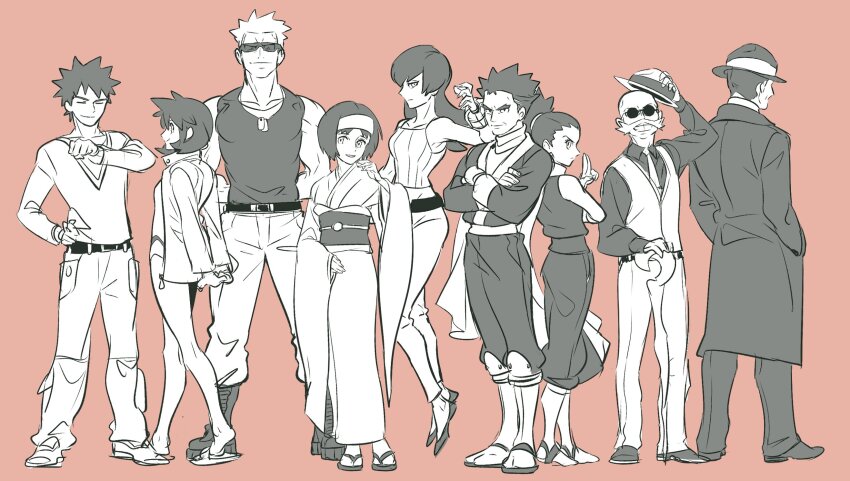 4girls 5boys beard black_hair blaine_(pokemon) brock_(pokemon) cane erika_(pokemon) everyone facial_hair formal_clothes giovanni_(pokemon) hat highres jacket janine_(pokemon) japanese_clothes kimono koga_(pokemon) long_hair misty_(pokemon) multiple_boys multiple_girls nintendo old old_man one-piece_swimsuit pants pokemon pokemon_hgss redlhzz robe sabrina_(pokemon) sandals shirt short_hair smile spiked_hair standing suit sunglasses surge_(pokemon) swimsuit