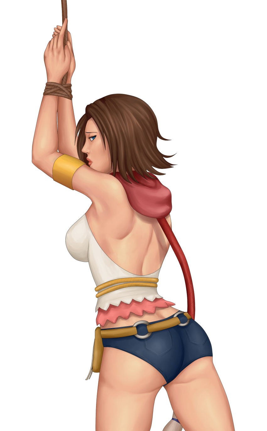 00s 1girl absurdres armlet ass back blue_eyes bound bound_wrists braid breasts brown_hair deareditor denim denim_shorts female_focus final_fantasy final_fantasy_x final_fantasy_x-2 from_behind highres jewelry long_hair looking_back short_shorts shorts solo very_long_hair wristband yuna