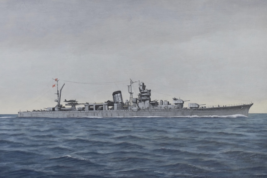 absurdres acrylic_paint_(medium) aircraft airplane atelier_bono crane_(machine) cruiser highres imperial_japanese_navy mast military_vehicle no_humans ocean original painting_(medium) seaplane ship ship_turret sky smokestack traditional_media vehicle_focus warship watercraft yahagi_(cruiser)