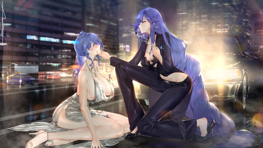2girls absurdly_long_hair absurdres au11 azur_lane backless_dress backless_outfit bare_shoulders belt biloxi_(azur_lane) biloxi_(empress_in_the_silk_seat)_(azur_lane) black_choker black_shoes black_suit blue_eyes blue_hair blue_nails blush bra bra_peek bracelet braid braided_ponytail breasts car chevrolet chevrolet_corvette choker cigarette cityscape cleavage dress earrings evening_gown formal_clothes full_body glitter_dress hair_between_eyes hair_ornament hairclip halter_dress halterneck hand_on_another&#039;s_chin handkerchief high_heel_sandals high_heels highres jacket jewelry large_breasts long_hair medium_breasts motor_vehicle multiple_girls nail_polish necklace no_panties no_shirt pants pink_eyes plunging_neckline purple_jacket purple_pants revealing_clothes sandals shoes side_ponytail sidelocks silver_dress silver_sandals sitting sleeveless sleeveless_dress small_breasts smoke smoking st._louis_(azur_lane) st._louis_(luxurious_wheels)_(azur_lane) suit suit_jacket thighs underwear very_long_hair yokozuwari yuri