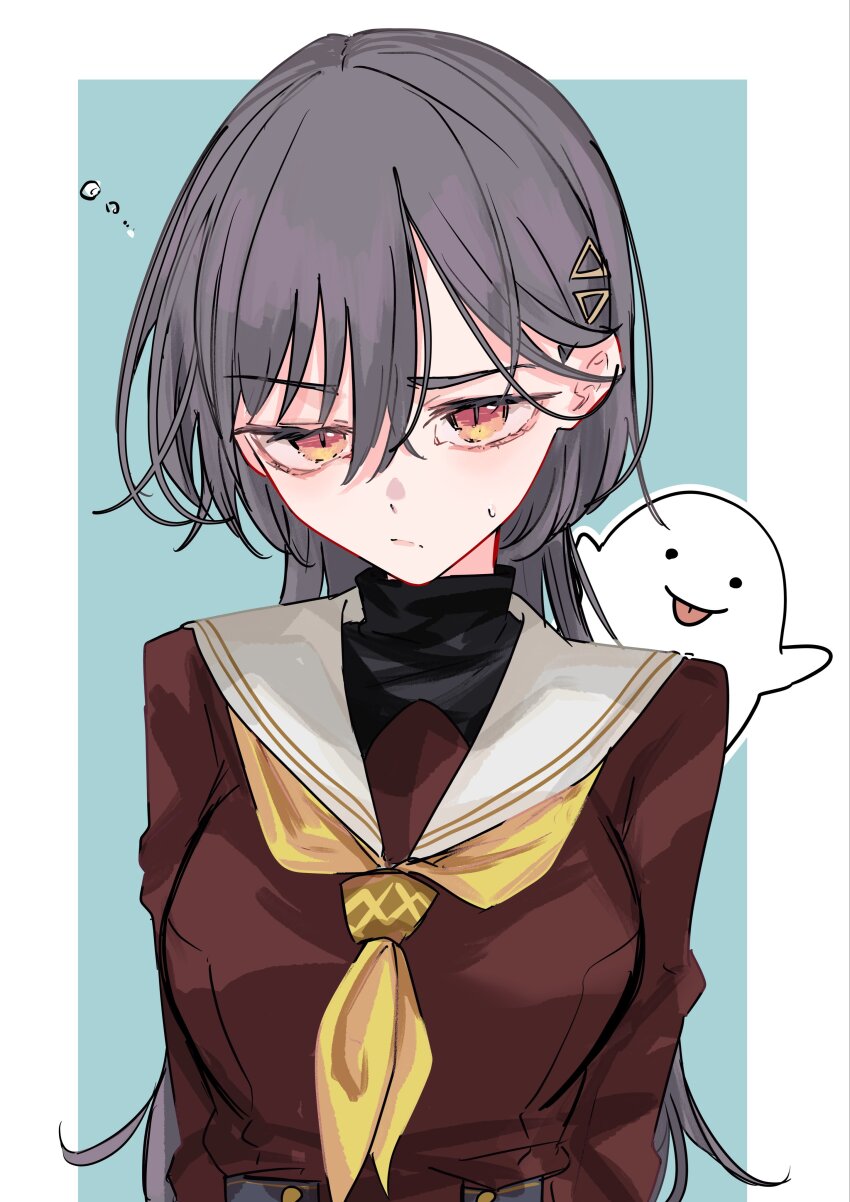 1girl :/ absurdres blue_background border breasts brown_dress commentary_request dress ghost grey_hair hair_ornament hasu_no_sora_school_uniform highres jellyfish_cut jin_(oihlf) katsuragi_izumi link!_like!_love_live! long_hair long_sleeves love_live! medium_breasts neckerchief orange_eyes outside_border raised_eyebrow sailor_collar sailor_dress school_uniform simple_background slit_pupils solo squeans sweatdrop triangle_hair_ornament turtleneck upper_body virtual_youtuber white_border white_sailor_collar winter_uniform yellow_neckerchief