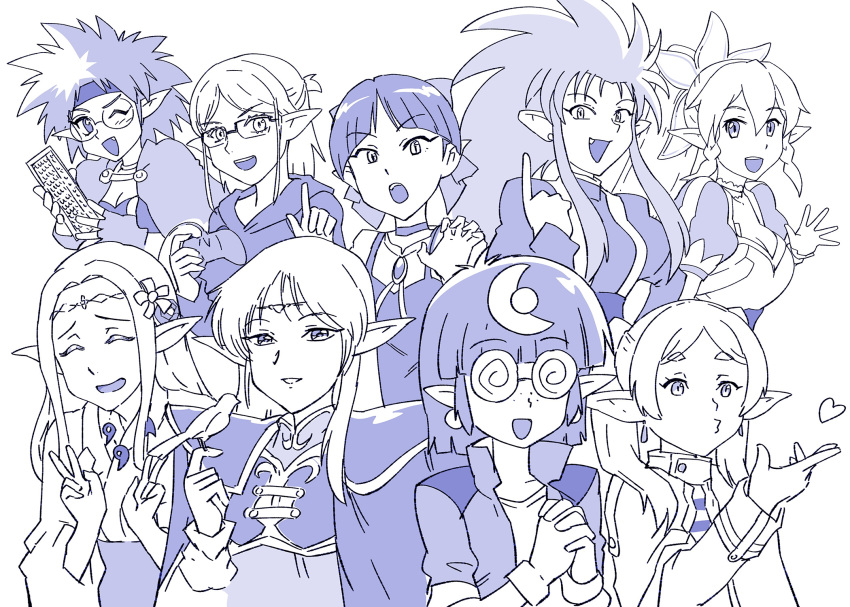 6+girls arara_cocoa armor bird cape character_request circlet crossover deedlit double_v dress elf frieren gegege_no_kitarou greyscale highres leafa_(sao) long_hair looking_at_viewer monochrome multiple_girls nekomusume nekomusume_(gegege_no_kitarou_6) ng_knight_lamune_&amp;_40 open_mouth pointy_ears record_of_lodoss_war retro_artstyle ryou-ouki shoulder_armor simple_background smile sousou_no_frieren sword_art_online tenchi_muyou! trait_connection ueyama_michirou v very_long_hair white_background