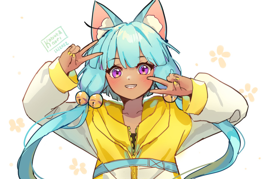 1girl animal_ear_fluff animal_ears arm_up bell blue_hair blush collarbone dark-skinned_female dark_skin dated floral_background grin hair_bell hair_ornament hand_up hood hood_down hooded_jacket jacket jingle_bell kobutanori long_sleeves looking_at_viewer low_twintails nail_polish original puffy_long_sleeves puffy_sleeves purple_eyes signature simple_background sleeves_past_wrists smile solo twintails white_background yellow_jacket yellow_nails