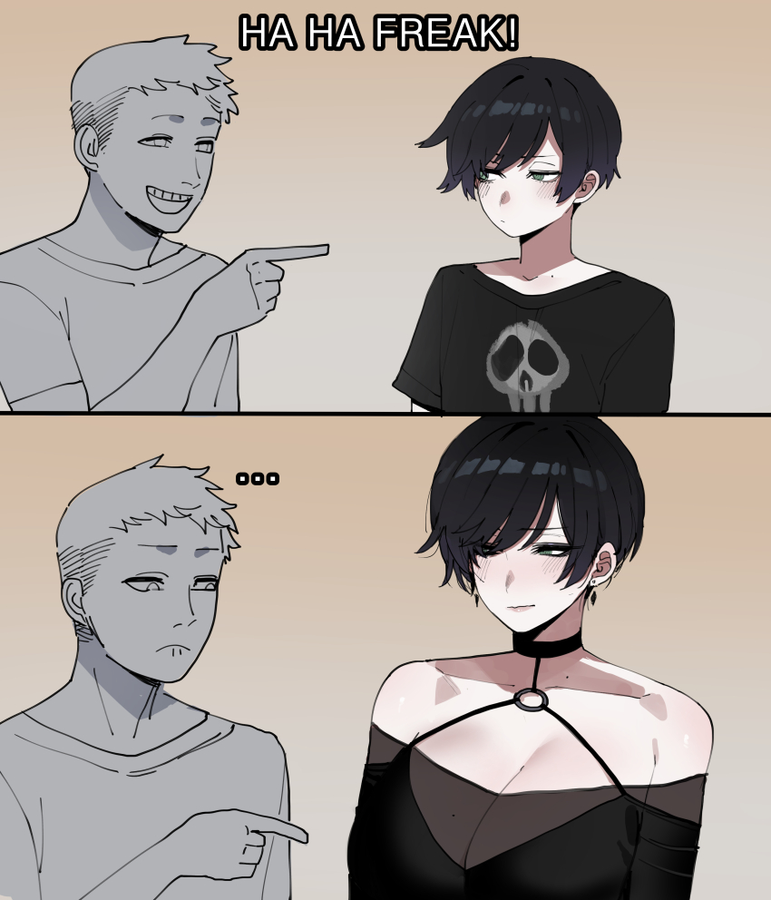1boy 1girl absurdres androgynous before_and_after black_hair black_shirt breasts cleavage frown gradient_background green_eyes highres large_breasts o-ring original ratatatat74 ringed_eyes see-through_clothes shirt short_hair simple_background